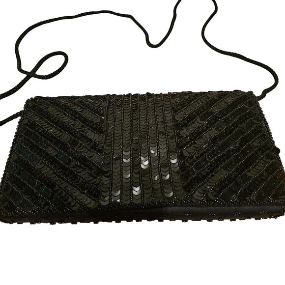 black beaded and sequined crossbody evening clutch bag with a rope strap. - Picture 1 of 2
